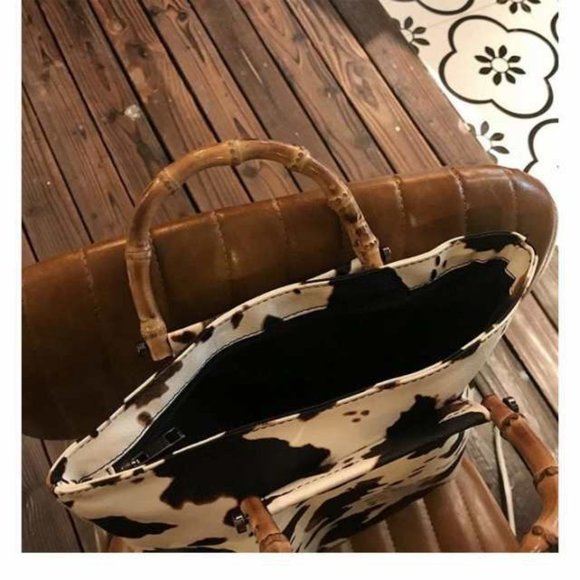 Cow Print Mini Tote Bag 14" x 12" Faux Leather Handbag - Picture 10 of 16